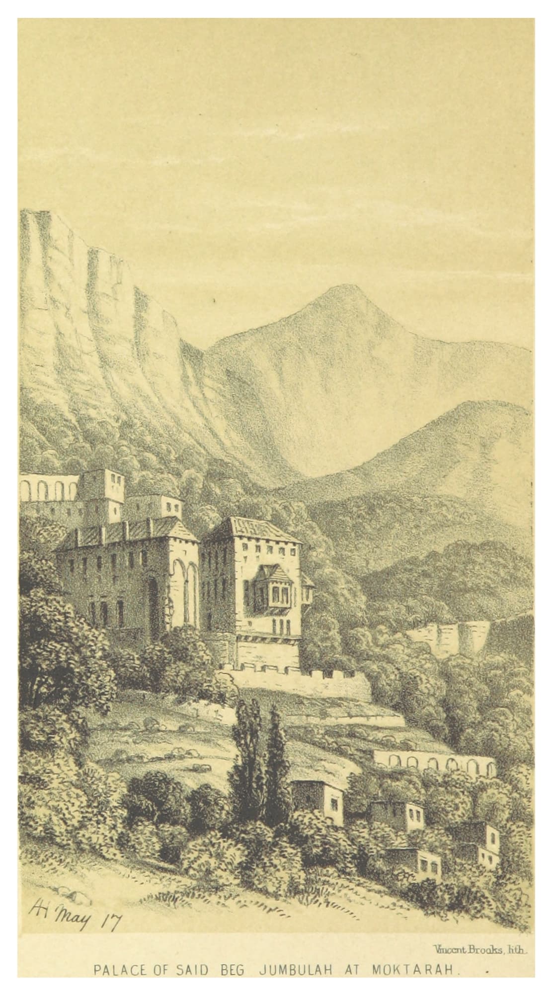The Jumblatt palace at Moukhtara, the seat of Sitt Nazira Jumblatt (1861 engraving)